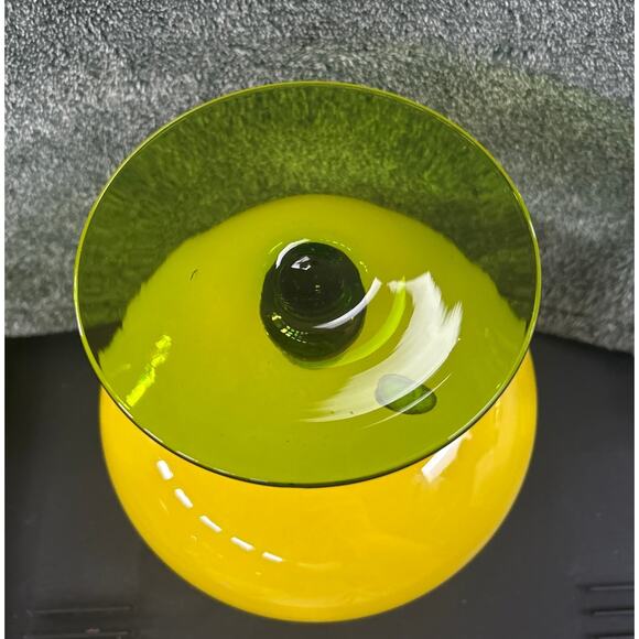 Mid Century Yellow Empoli Glows Orange Cased Glass With Green Pedestal - Picture 6 of 11